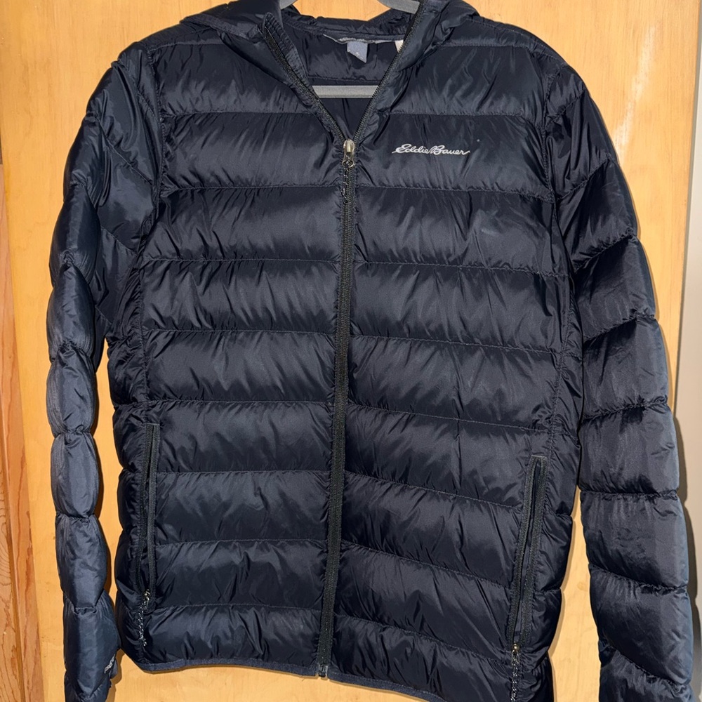 Eddie Bauer Men's Navy-Black Hooded Packable Puffer Jacket